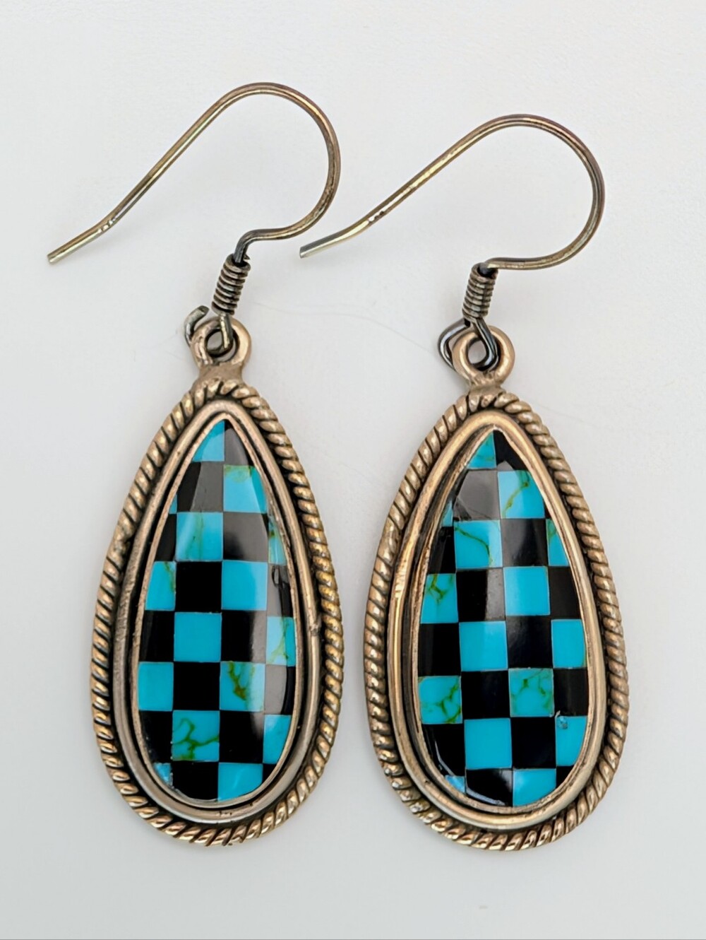 Turquoise & Black Onyx S925 Sterling Silver Matte Checkered Dangle Earrings